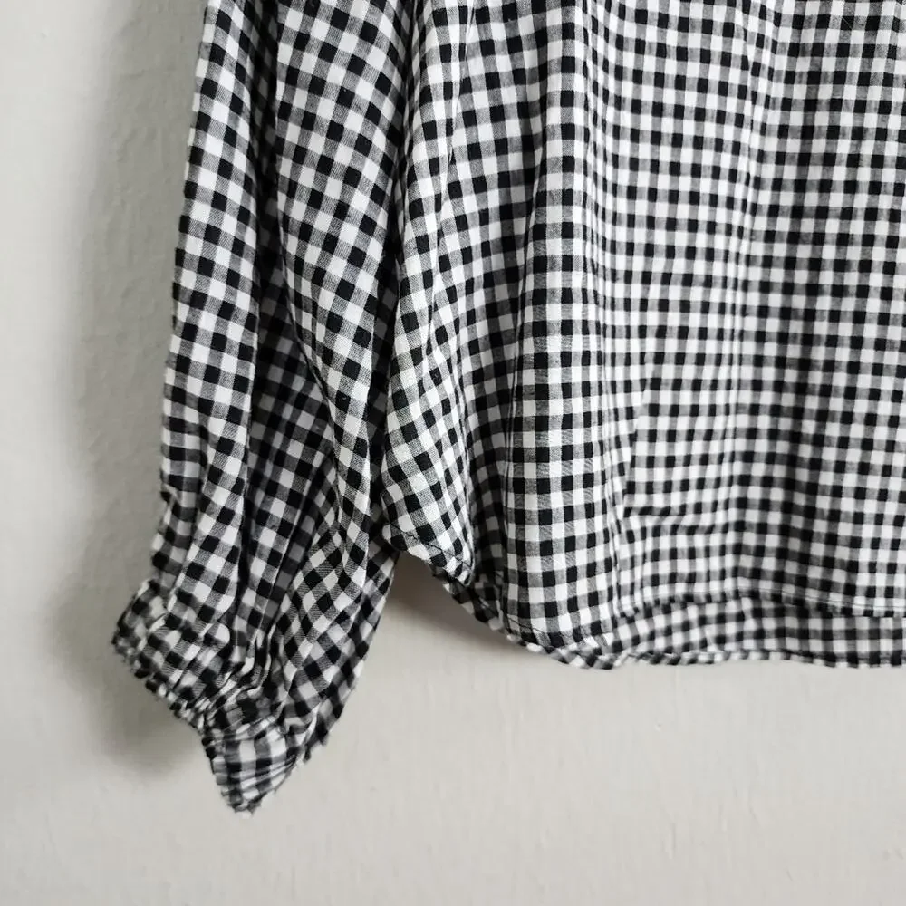 Zara Black White Gingham Check Ruffle Yoke Blouse Frill Long Sleeve Top Small